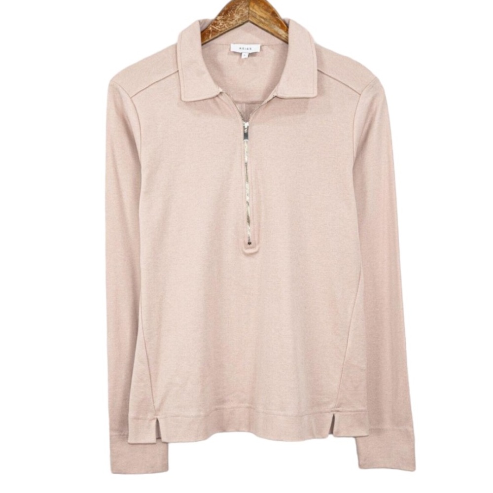 Reiss Fernanda Long Sleeve Quarter Zip Collared Pullover Shirt in Beige‎ Pink  L